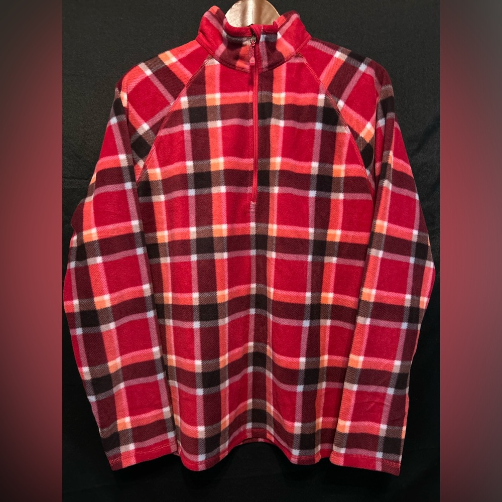 Eddie Bauer Womens XL Long Sleeve 1/4 Zip Casual Outdoor Plaid Red/Pink Fleece